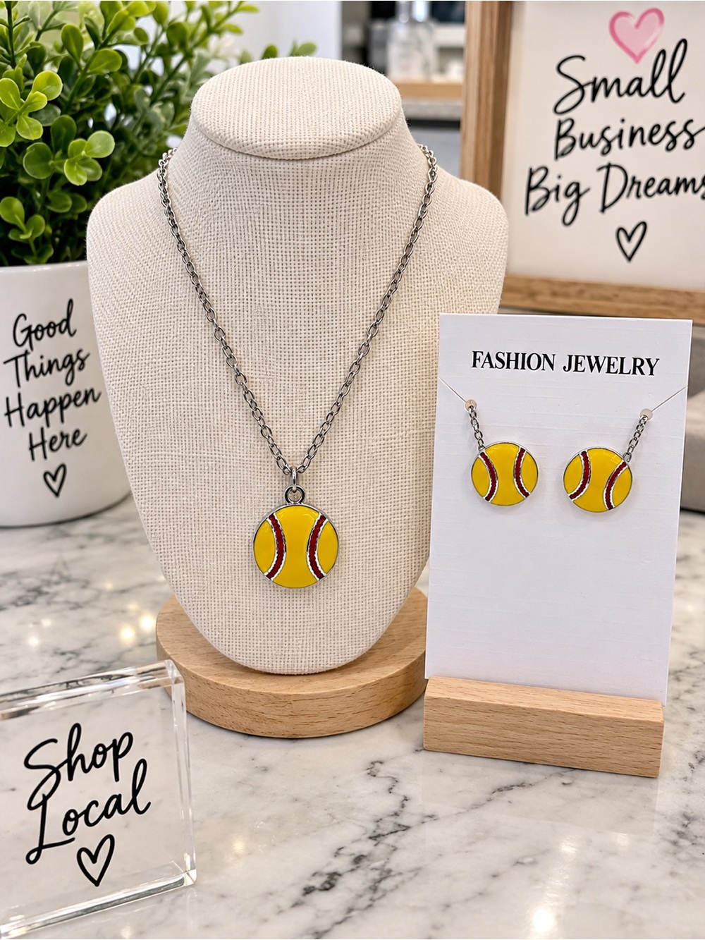 Softball Ball Pendant Necklace and Stud Earrings Set